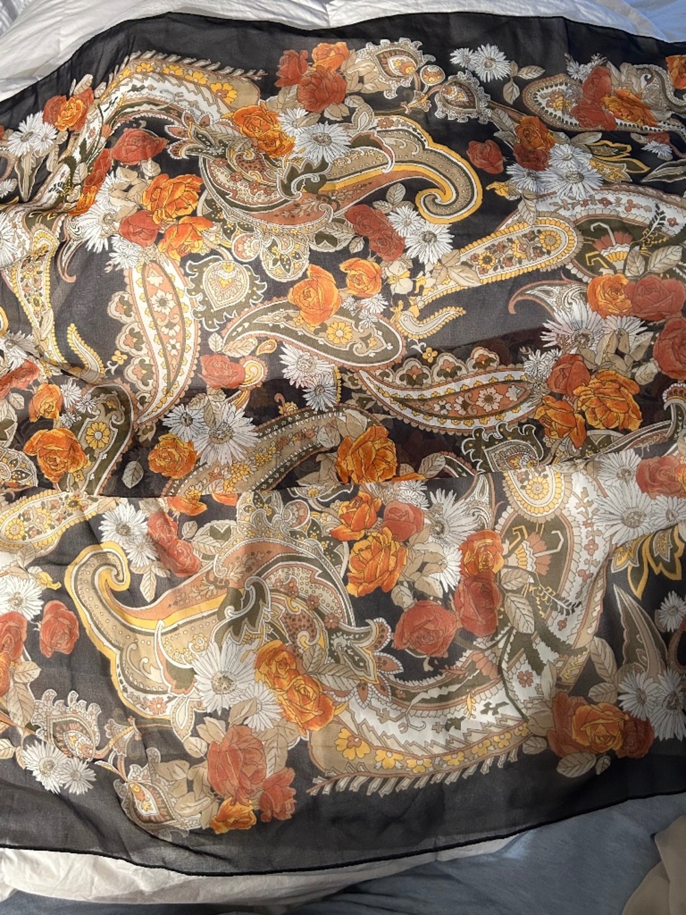 Vintage brown orange semi sheer roses daisy paisley silk blend 34" square scarf